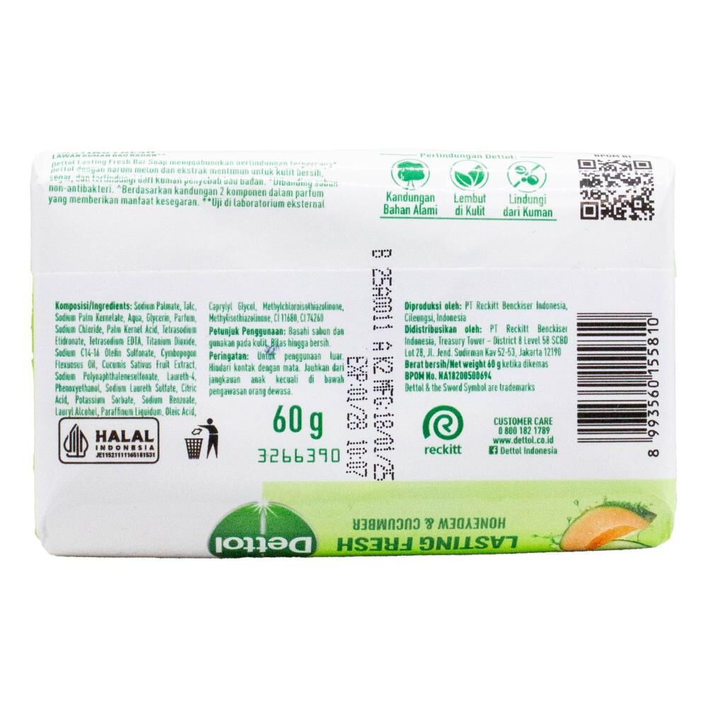 Dettol 60g Soap Bar Antibacterial Lasting Freshness Honeydew & Cucumber — image 2