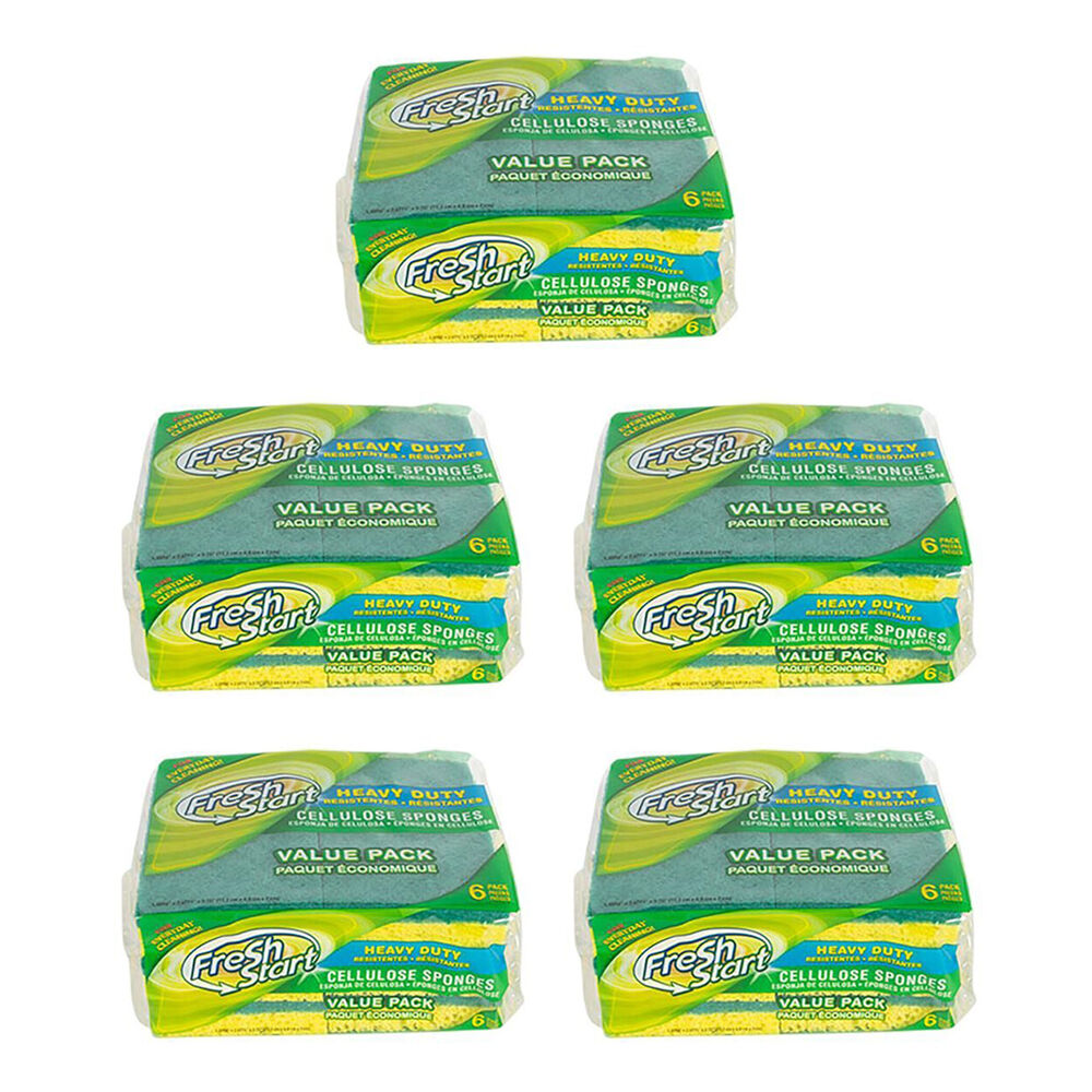 Fresh Start 5x 6pc Heavy Duty Cellulose Dishwashing Sponge Scour Pad Value