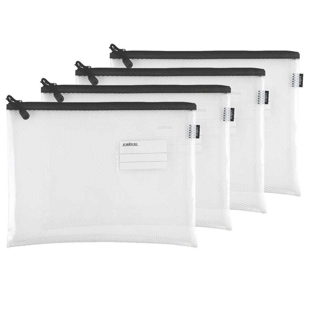 Celco School Storage Zipper Pouch A4 Paper/Pencil/Documents Mesh Case Clear (4 Pack)