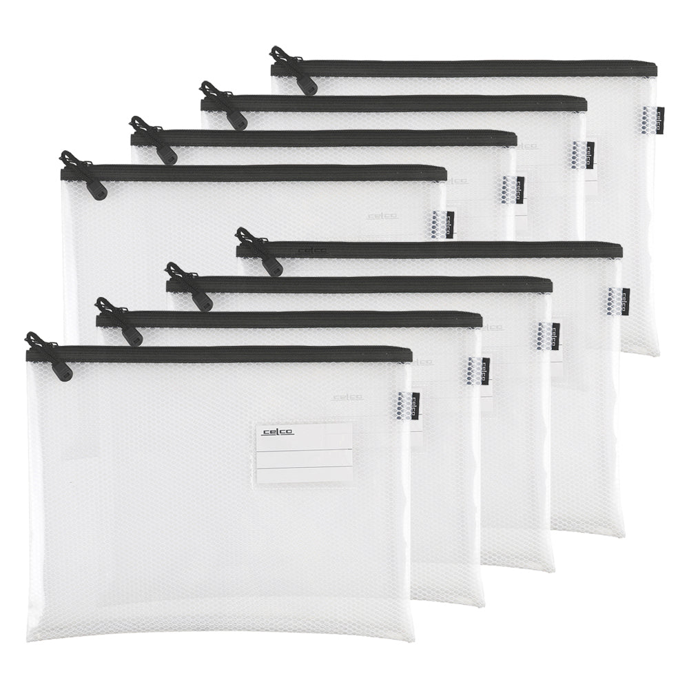 Celco School Storage Zipper Pouch A4 Paper/Pencil/Documents Mesh Case Clear (8 Pack)