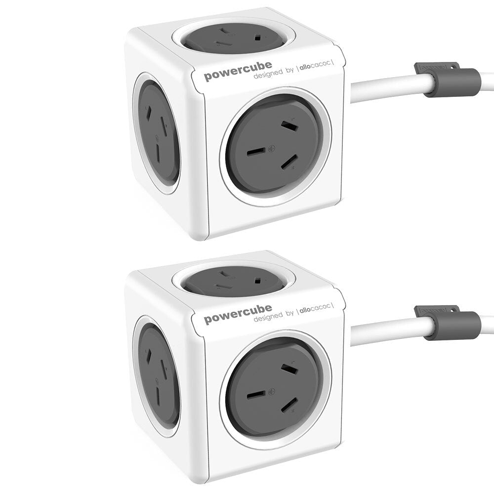 Allocacoc PowerCube 5 Socket Mountable Power Board w/3m Extension Cord 240V Surge Grey (2 Pack)