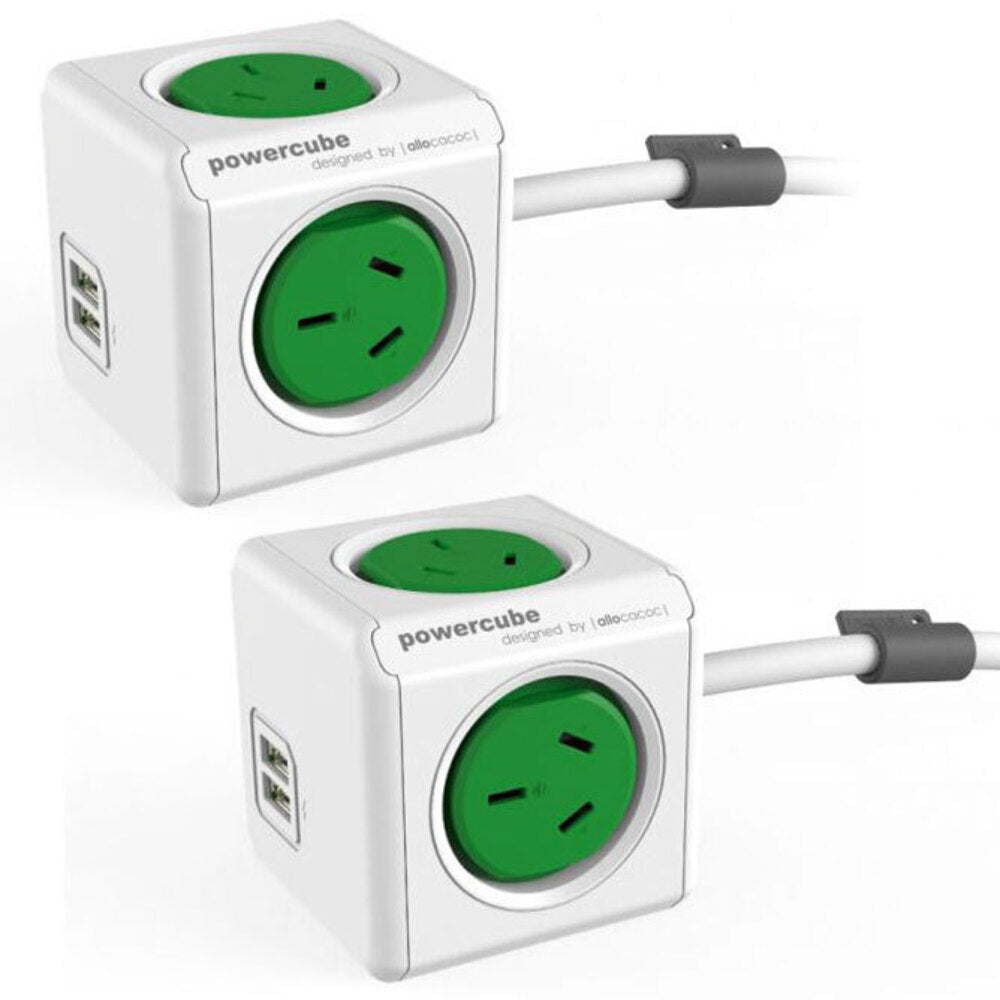 Allocacoc PowerCube 4 Socket Mountable Power Board/3m Cord/Dual USB Charger 240v Green (2 Pack)