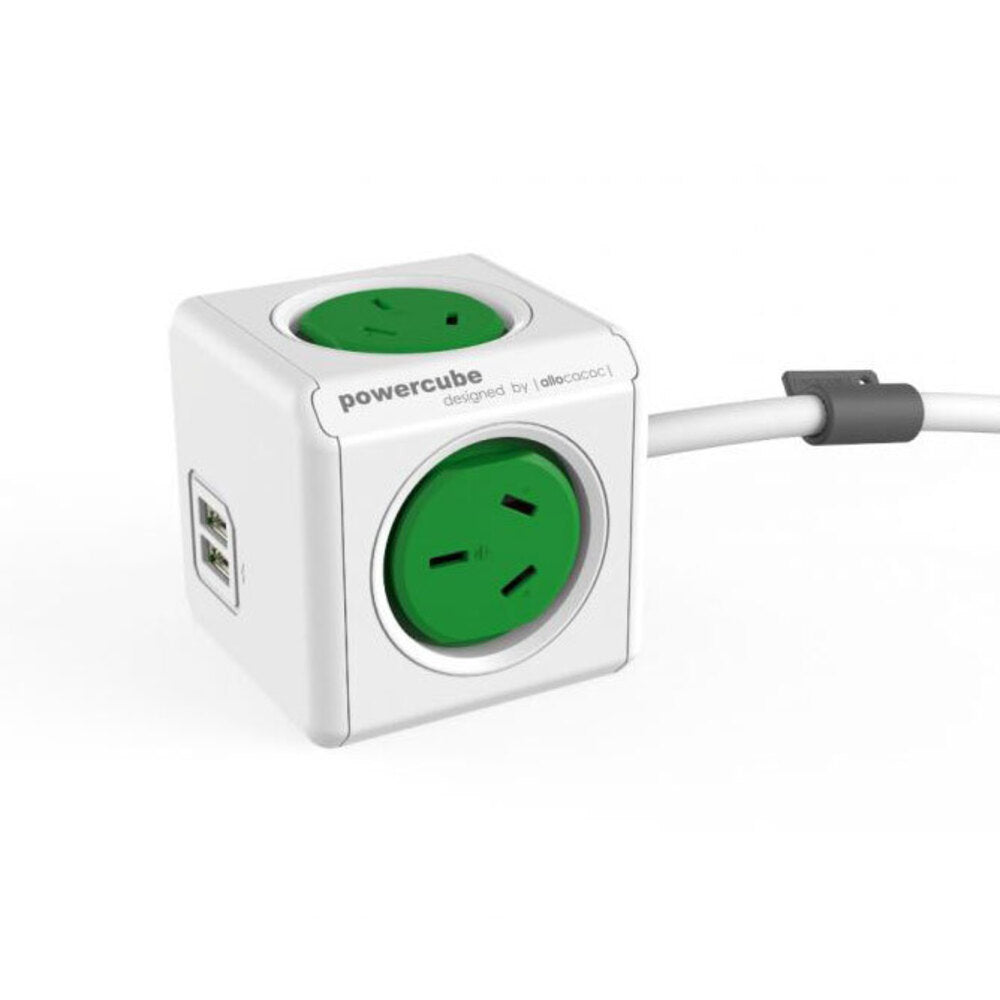 Allocacoc PowerCube 4 Socket Mountable Power Board/3m Cord/Dual USB Charger 240v Green (2 Pack) — image 2