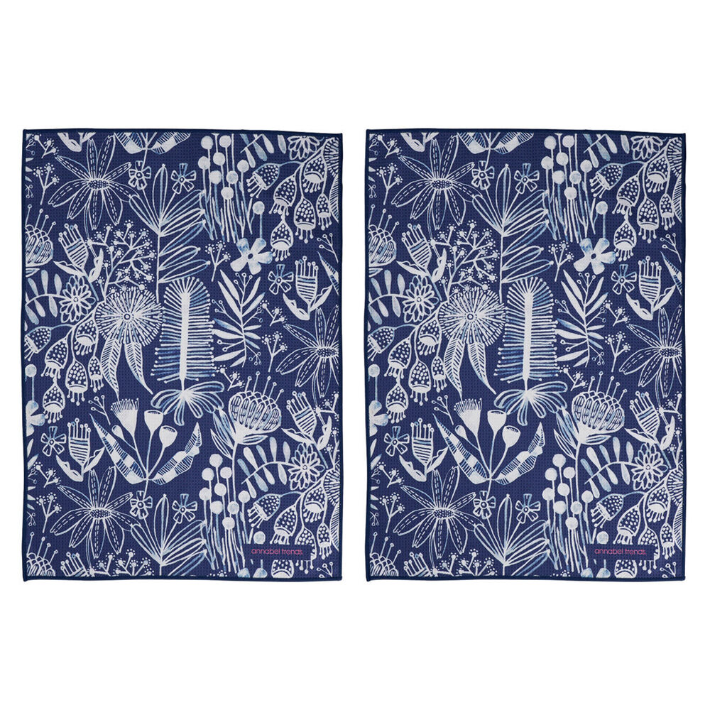 Annabel Trends Waffle Microfibre Tea Towel Rectangular 50x70cm Navy Natives (2 Pack)