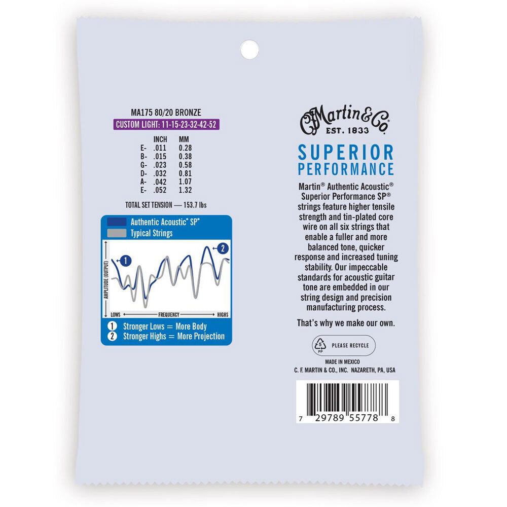 Martin Guitar Authentic Acoustic Strings 80/20 Bronze MA175 Custom Light (3 Pack)