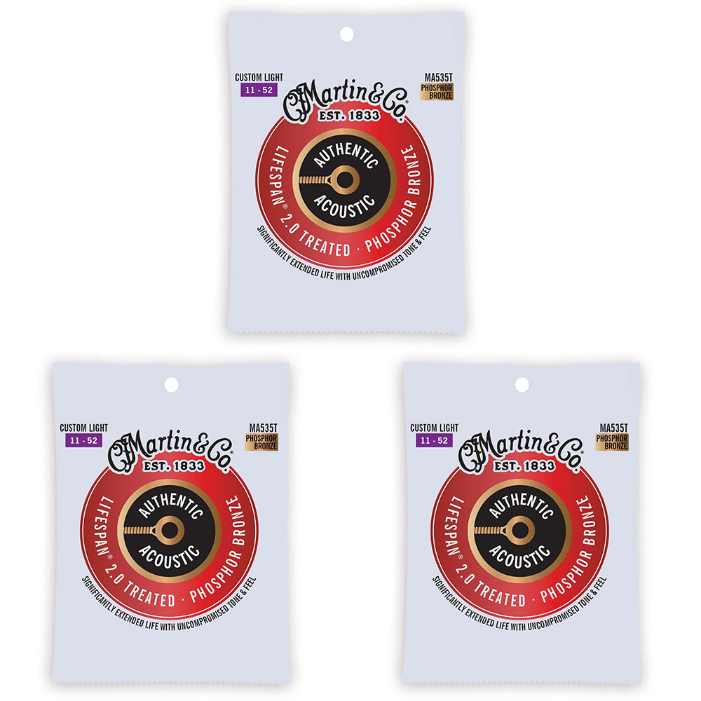 Martin Guitar Authentic Treated Strings 92/8 Phosphor MA535T Custom Light (3 Pack)