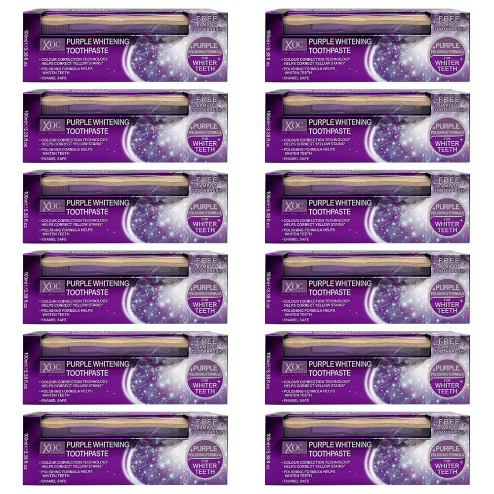 Xoc Purple Whitening Toothpaste w/ Toothbrush Set For Whiter Teeth 100ml (12 Pack)