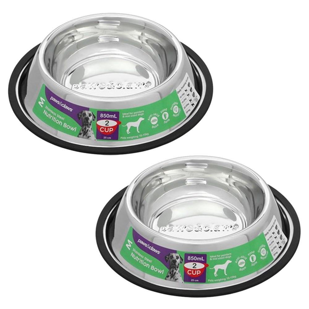 Paws and Claws 850ml Stainless Steel Pet Bowl Black (2 Pack)