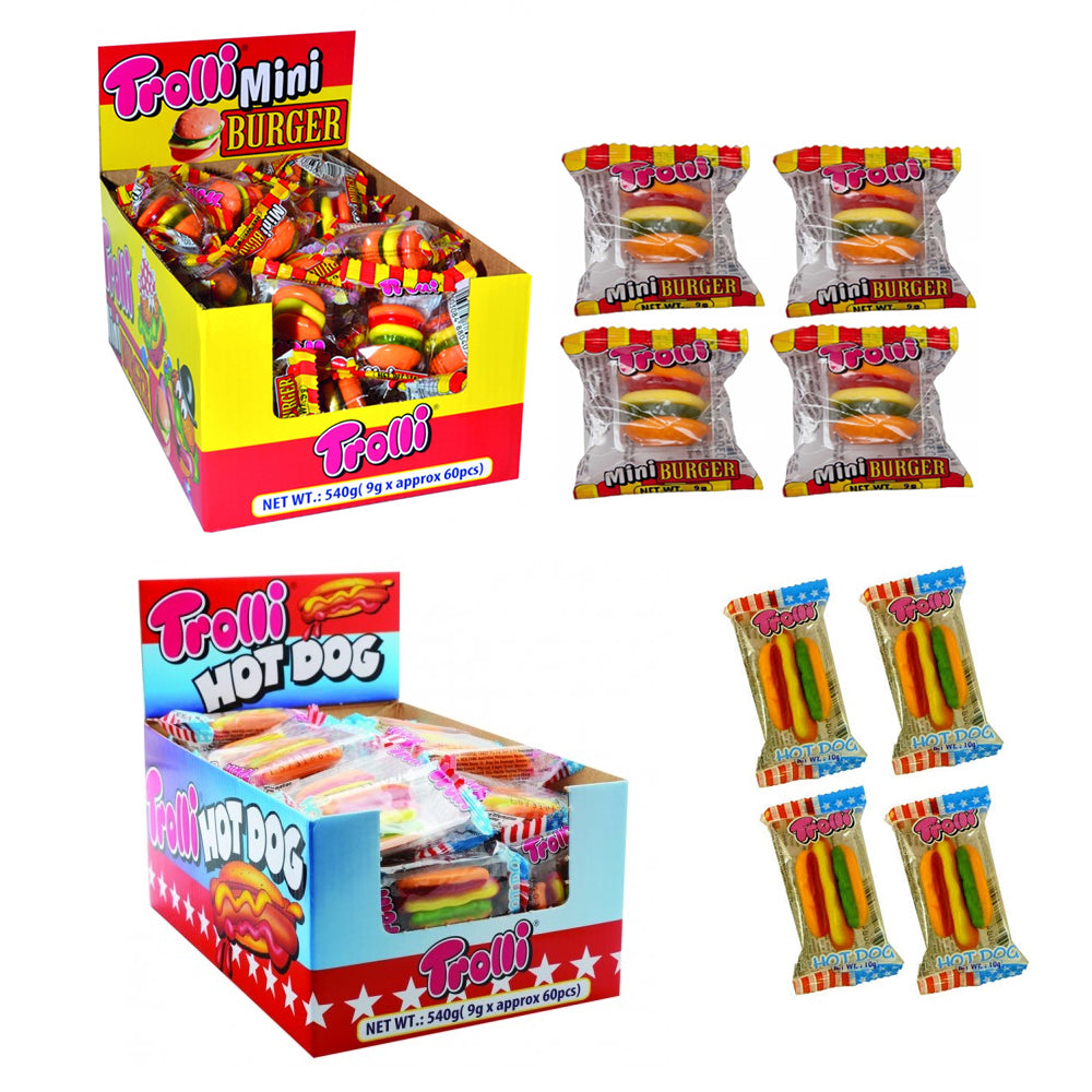 Trolli Mini Burger & 60PK Trolli Hot Dog 9g Candy Combo (60 Pack)
