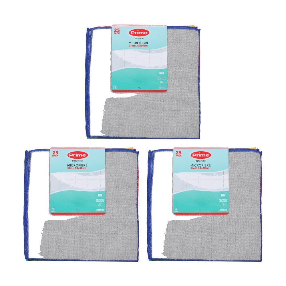 Boxsweden 3x 25pc Prime Microfibre Cloths Value Pack Cleaning 30x30cm