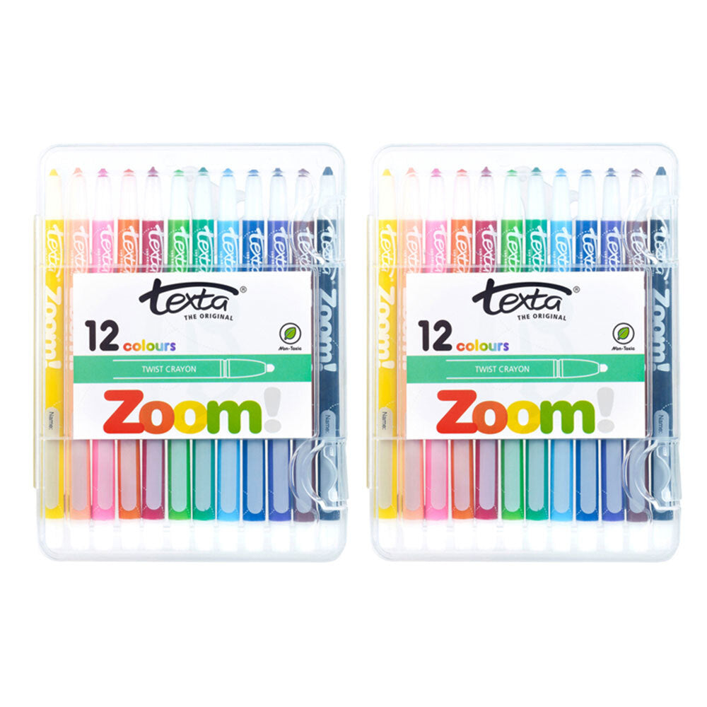 Texta 12pc Texta The Original Zoom Kids Non Toxic Twist Colouring Crayons Hard Case (2 Pack)