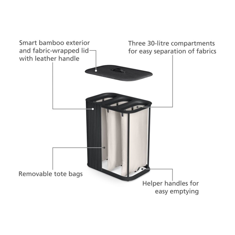 Joseph Joseph 90L Laundry Basket 3 Compartments With Drop-In Handles Black — image 7