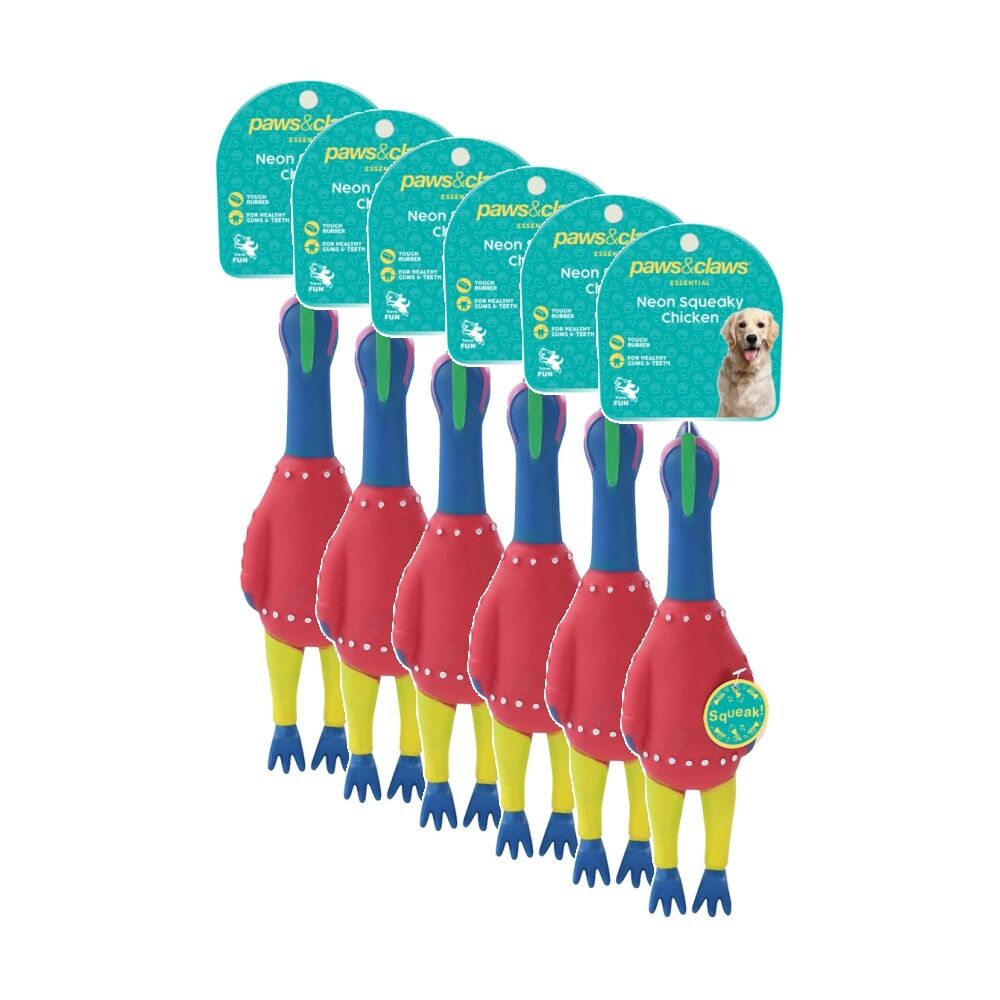 Paws and Claws Vinyl Neon Squeaky Chicken 25x7x4cm Tough Rubber Assorted (6 Pack)