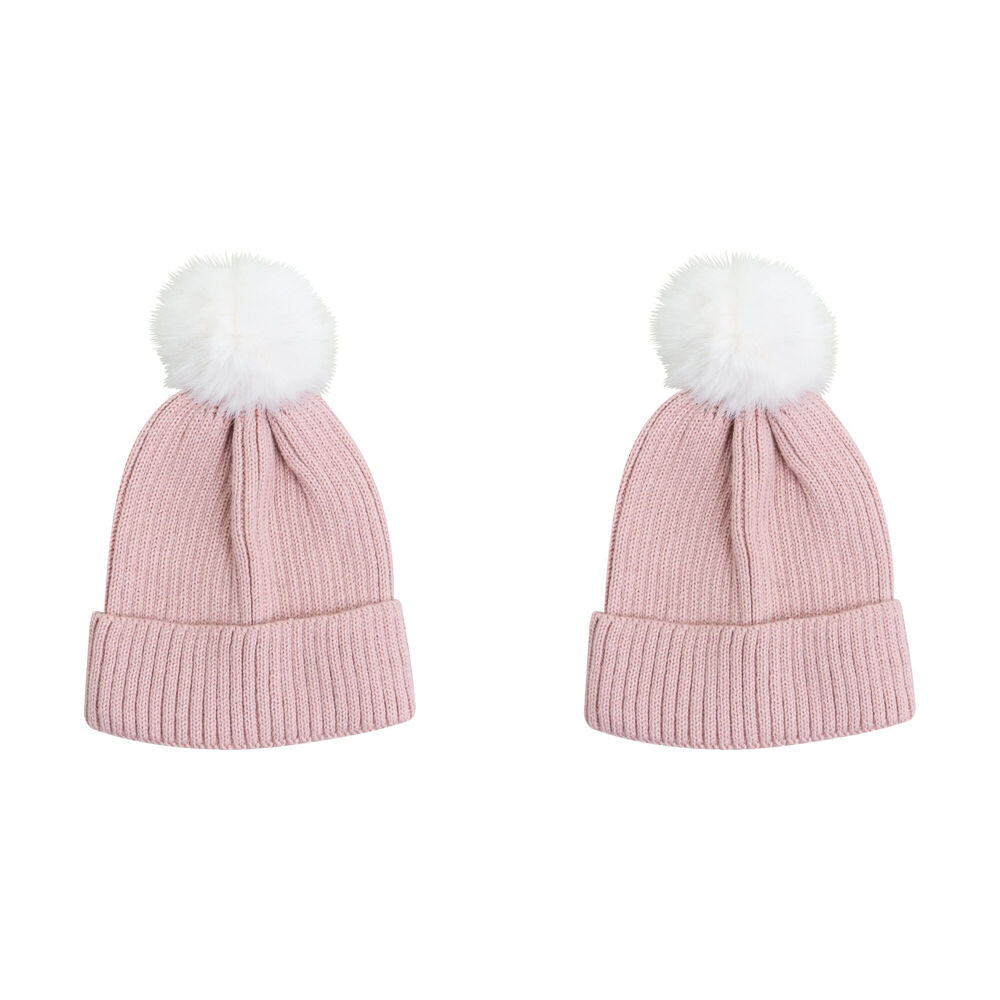 Wicked Sista Acrylic Ribbed Knit Beanie w/ Pom Pom One Size Winter Hat Pink (2 Pack)