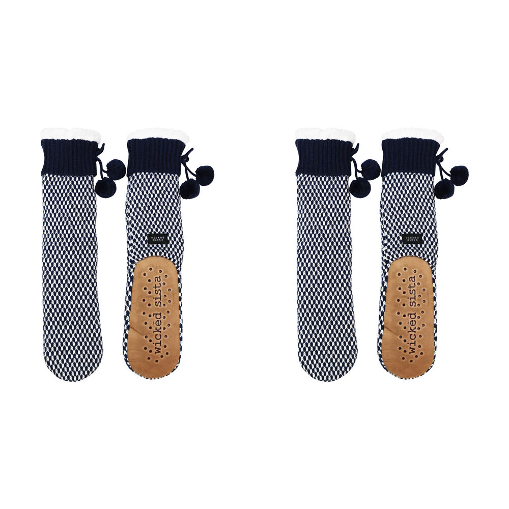 Wicked Sista Slipper Socks Knit Non-Slip Indoor Footwear One Size Navy/White (2 Pack)