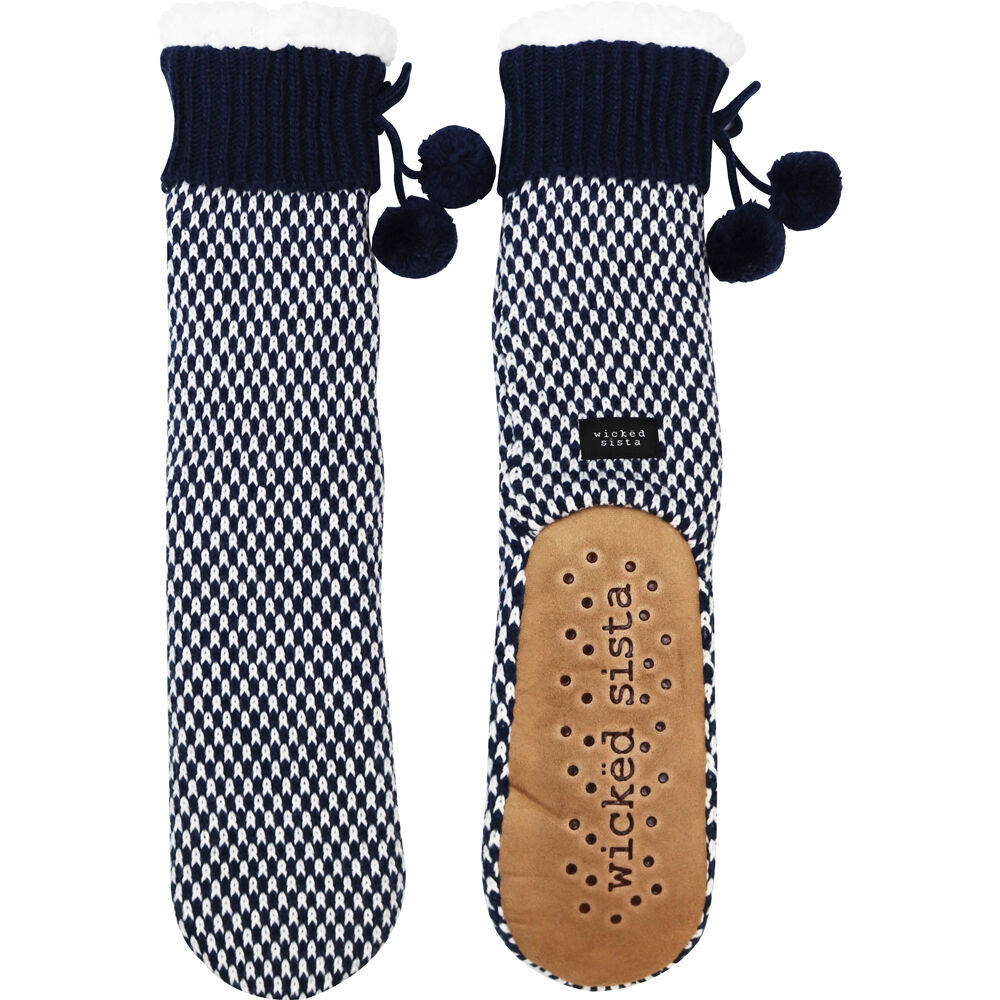 Wicked Sista Slipper Socks Knit Non-Slip Indoor Footwear One Size Navy/White (2 Pack) — image 2