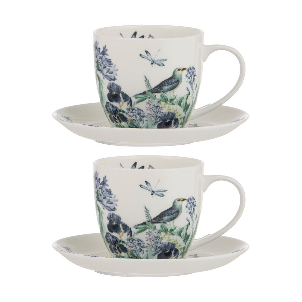 Ashdene Iris Garden Cup & Saucer Fine Bone China Kitchenware Set White (2 Pack)