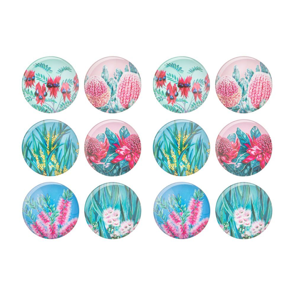 Ashdene 6pc Ashdene Native Flora Print Round Decorative Fridge Magnet Set 5cm Dia (2 Pack)