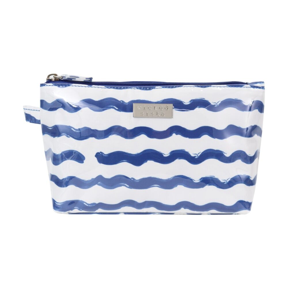 Wicked Sista Wavy Stripe Medium Luxe Cosmetic Makeup Bag Waterproof Blue