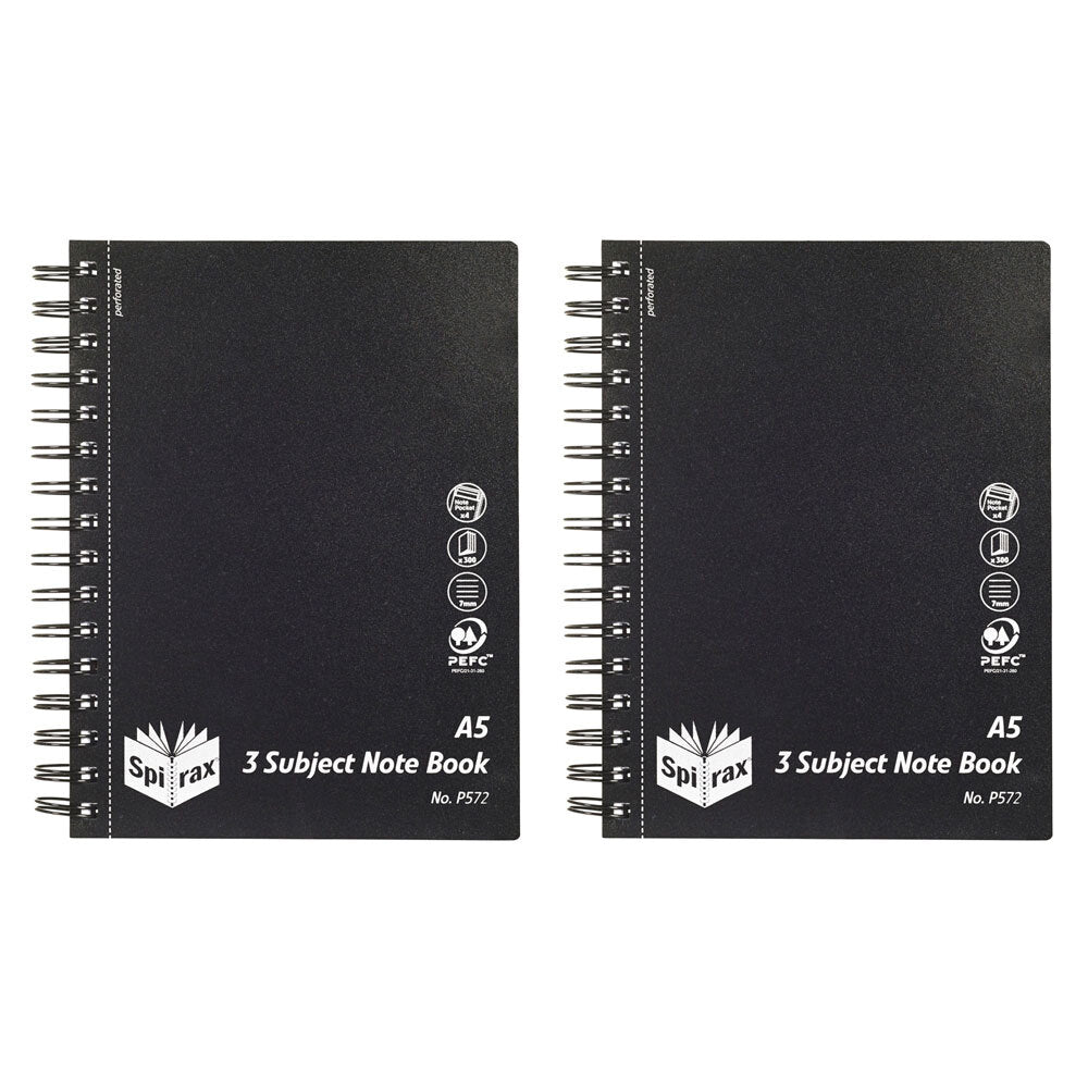 Spirax Black Cover A5 3 Subject 300 Pages Notebook Office/School Stationery (2 Pack)