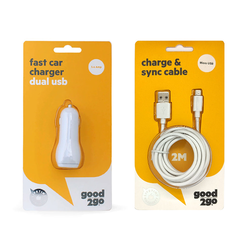 Good 2 GO 2M Micro USB Cable & 3.4A Car Charger Combo for Samsung/Android Phone
