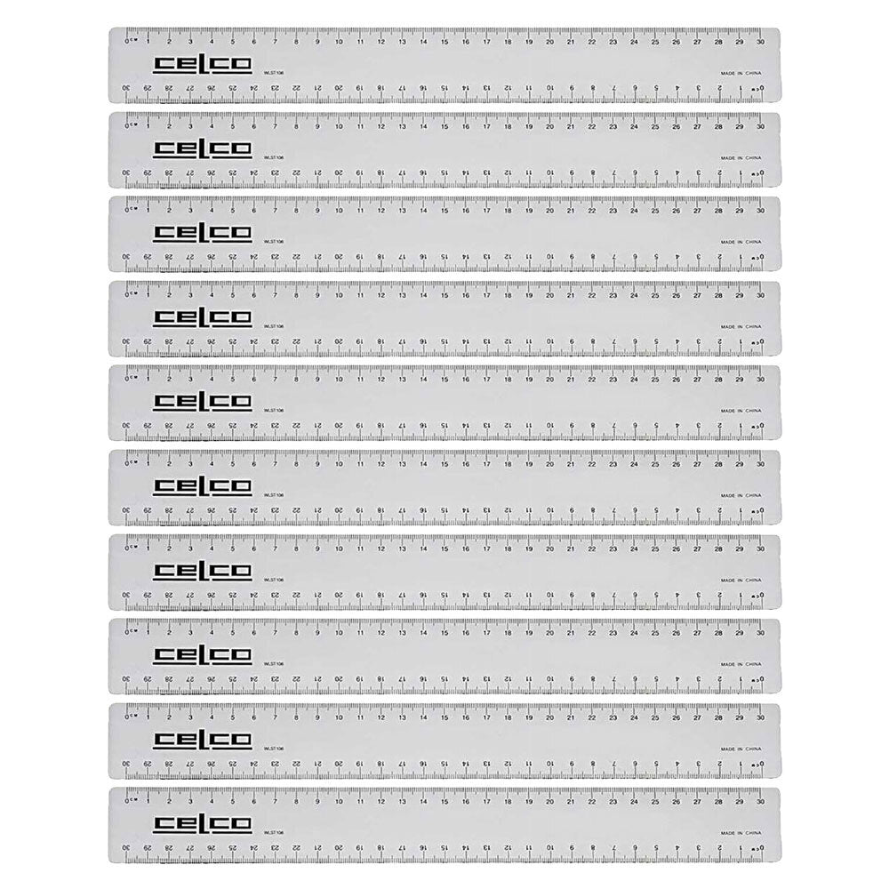 Celco 30cm Metric Plastic Ruler School Art/Craft Stationery Drawing Clear (10 Pack)