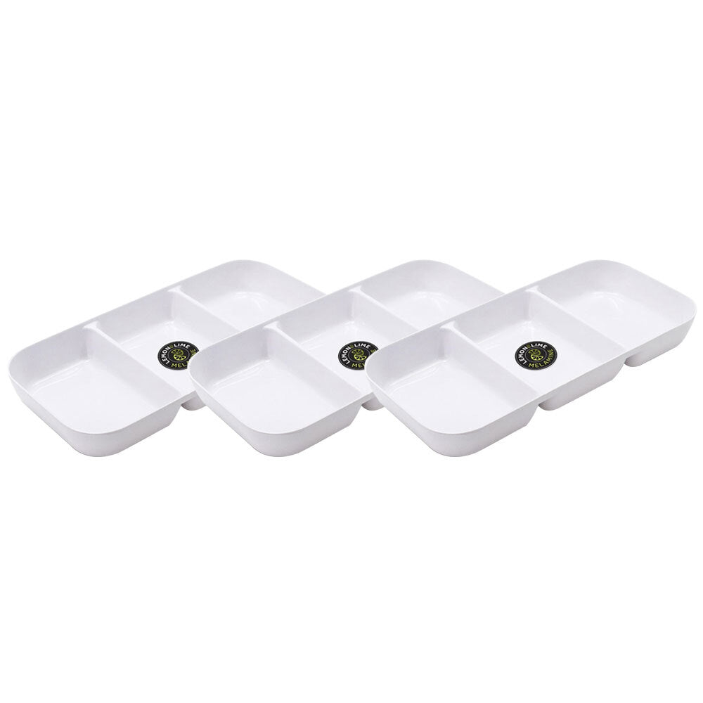 Lemon and Lime Large 3-Section 33cm Melamine Serving Tray/Food Container White (3 Pack)