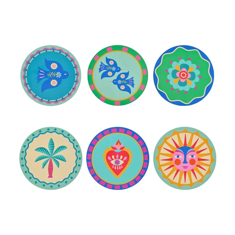 Annabel Trends Cork Backed Coasters Set w/ 6 Unique Designs 10cm Fiesta (6 Pieces)