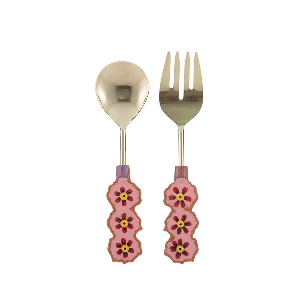 Ladelle Pork & Spoon Serving Tool Capri Stainless Steel Flower Salad Servers