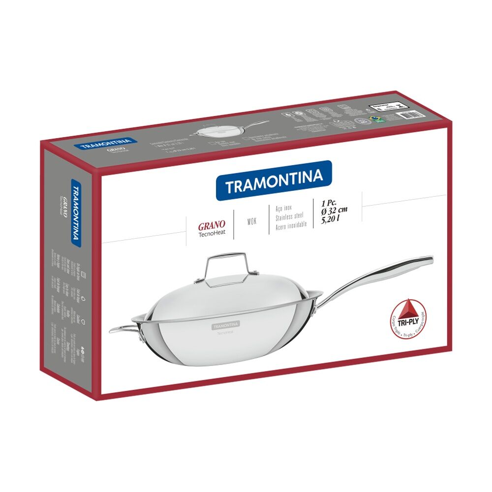 Tramontina 32cm/5.2L Wok Tri-Ply Stainless Steel w/Lid Induction Compatible — image 2