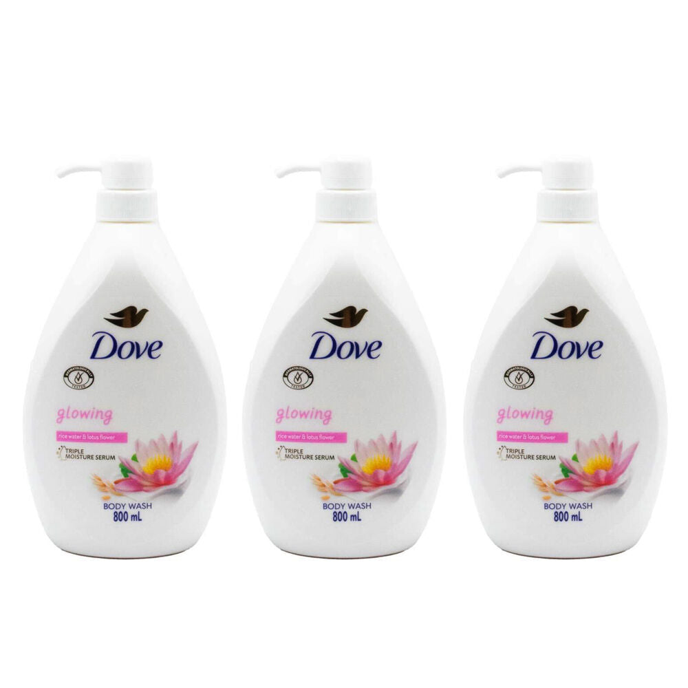 Dove Glowing 800ml Body Wash Triple Moisture Serum Rice Water & Lotus Flower (3 Pack)