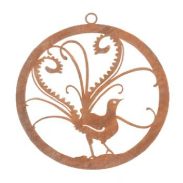 22592-single-ring-32cm-lyrebird-corten-steel-hanging-decor-assorted