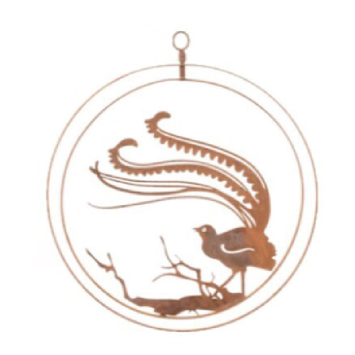 22608-double-ring-34cm-lyrebird-corten-steel-hanging-decor-assorted