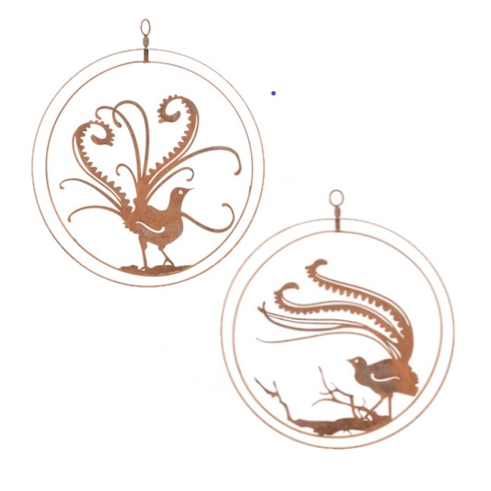 22608-double-ring-34cm-lyrebird-corten-steel-hanging-decor-assorted