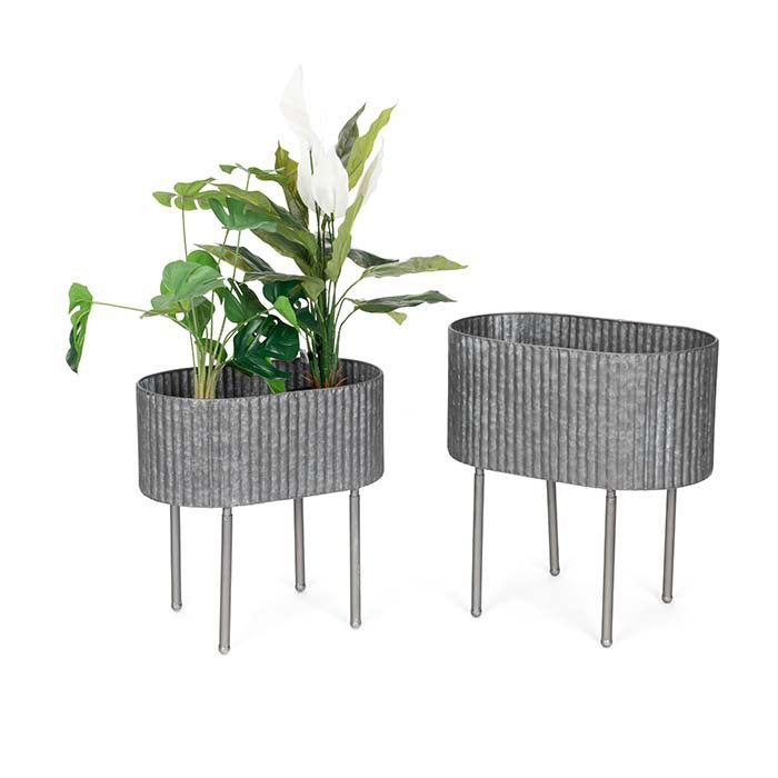 24855-2pc-pot-oblong-w-legs-ribbed-outdoor-yard-patio-garden-decor-charcoal