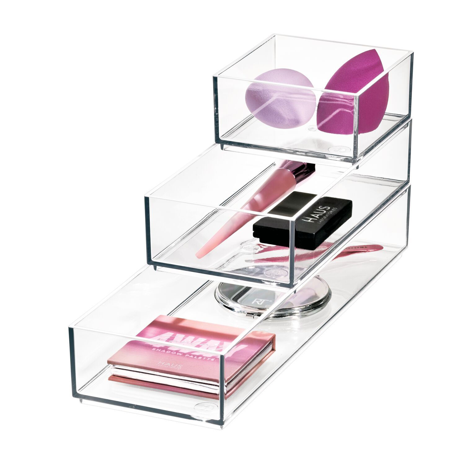 40278-3pc-idesign-stack-slide-cosmetic-makeup-organisers-clear-matte-white