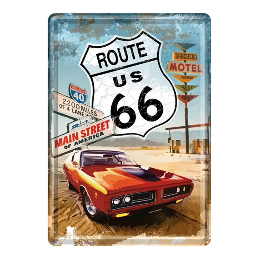 5110116-nostalgic-art-metal-mailing-postcard-route66-red-car-10x14cm