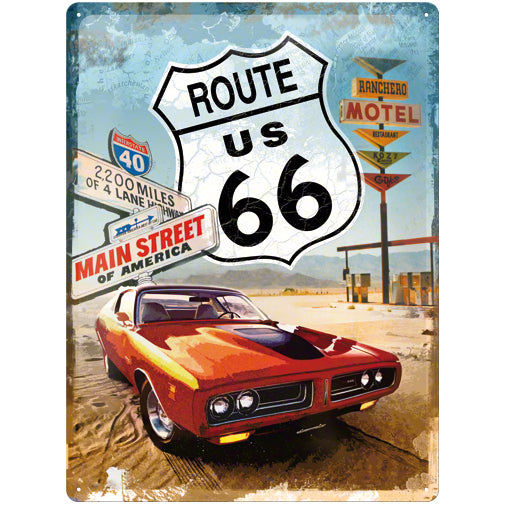 5123123-nostalgic-art-route-66-red-car-30x40cm-large-metal-tin-sign