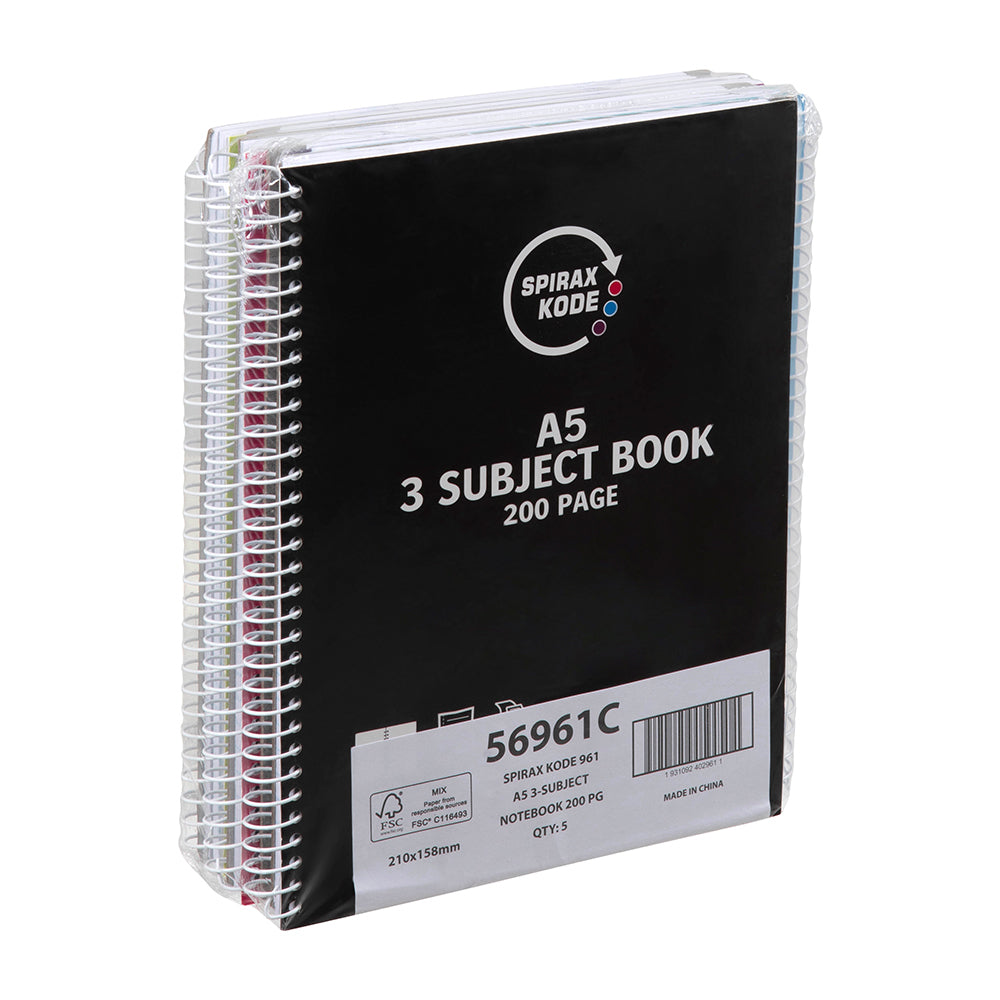 56961c-5pk-spirax-kode-a5-3-subject-book-200pg-assorted
