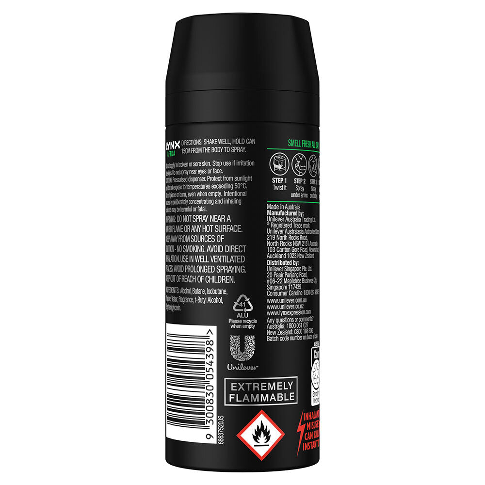 6x Lynx 165ml Deodorant Body Spray 48hr - Africa