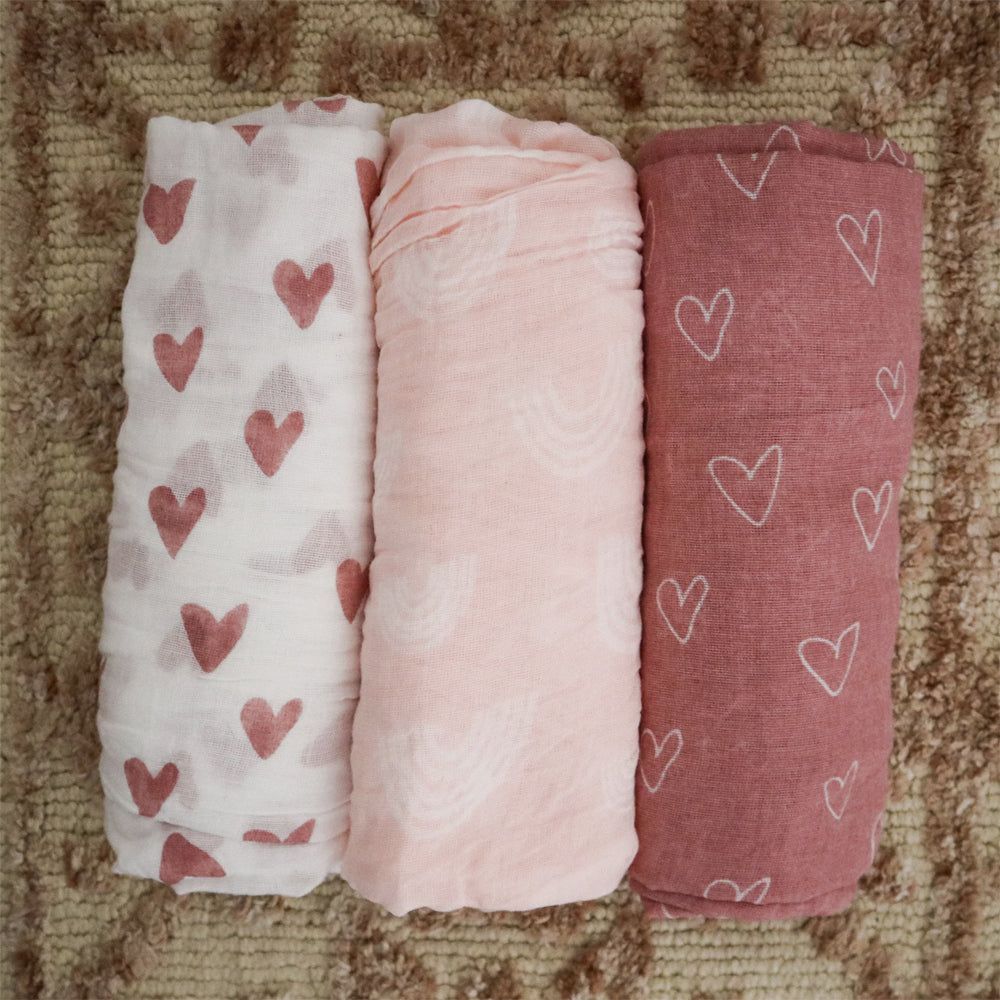 3pc Bubba Blue Muslin Dusty Berry And Rose Baby Wraps