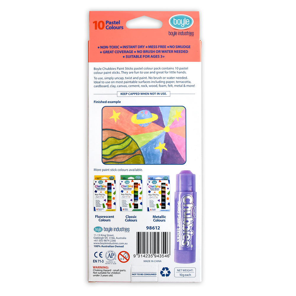 10PK Boyle Chubbies Solid Washable Paint Sticks Pastel Colours Kids 3y+