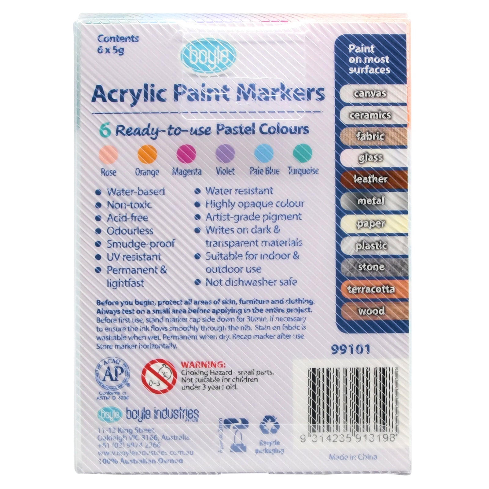 6pc Boyle Acrylic Paint Markers Art Pens - Pastel Colours