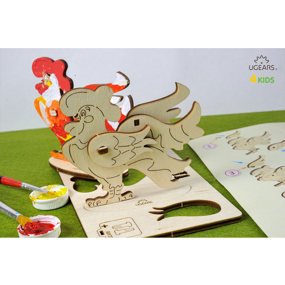 Ugears 3D Painting Cockerel DIY Wooden Puzzle 8pc