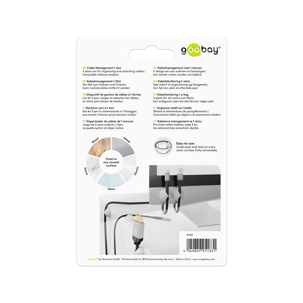 5pc Goobay 1 Slot 1.88cm Adhesive Cable Organiser - White