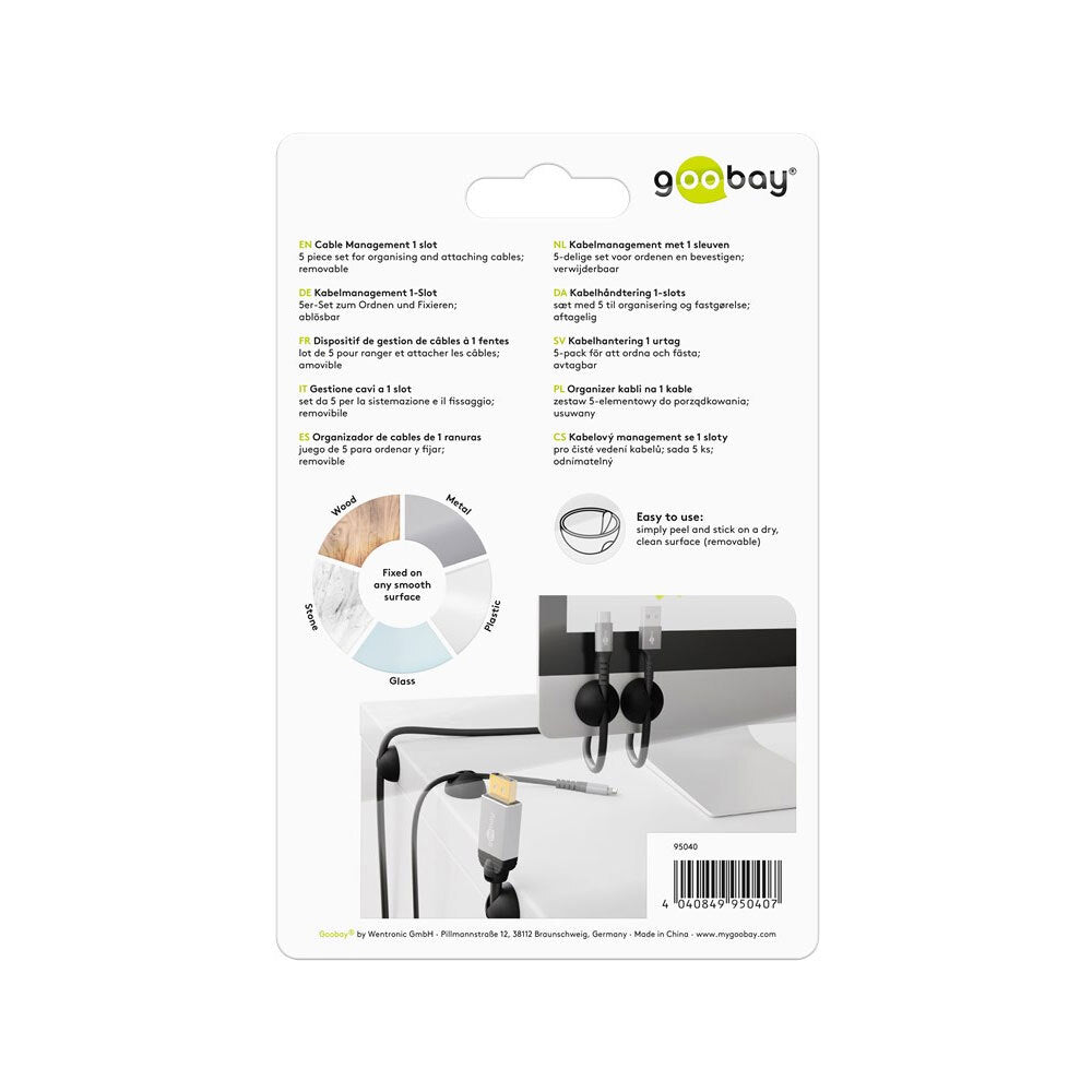 5pc Goobay 1 Slot 1.88cm Adhesive Cable Organiser - Black