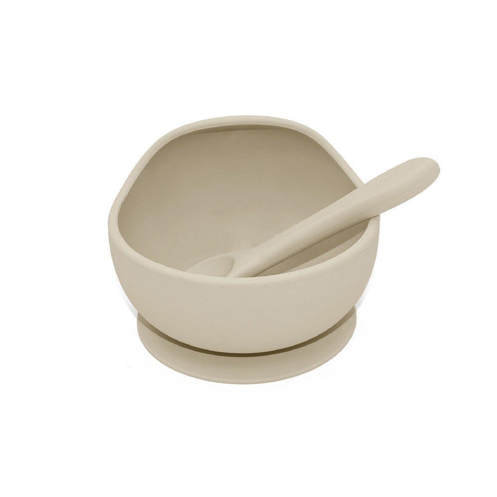 1501002-playette-silicone-bowl-and-spoon-baby-infant-utensil-set-sand-4m