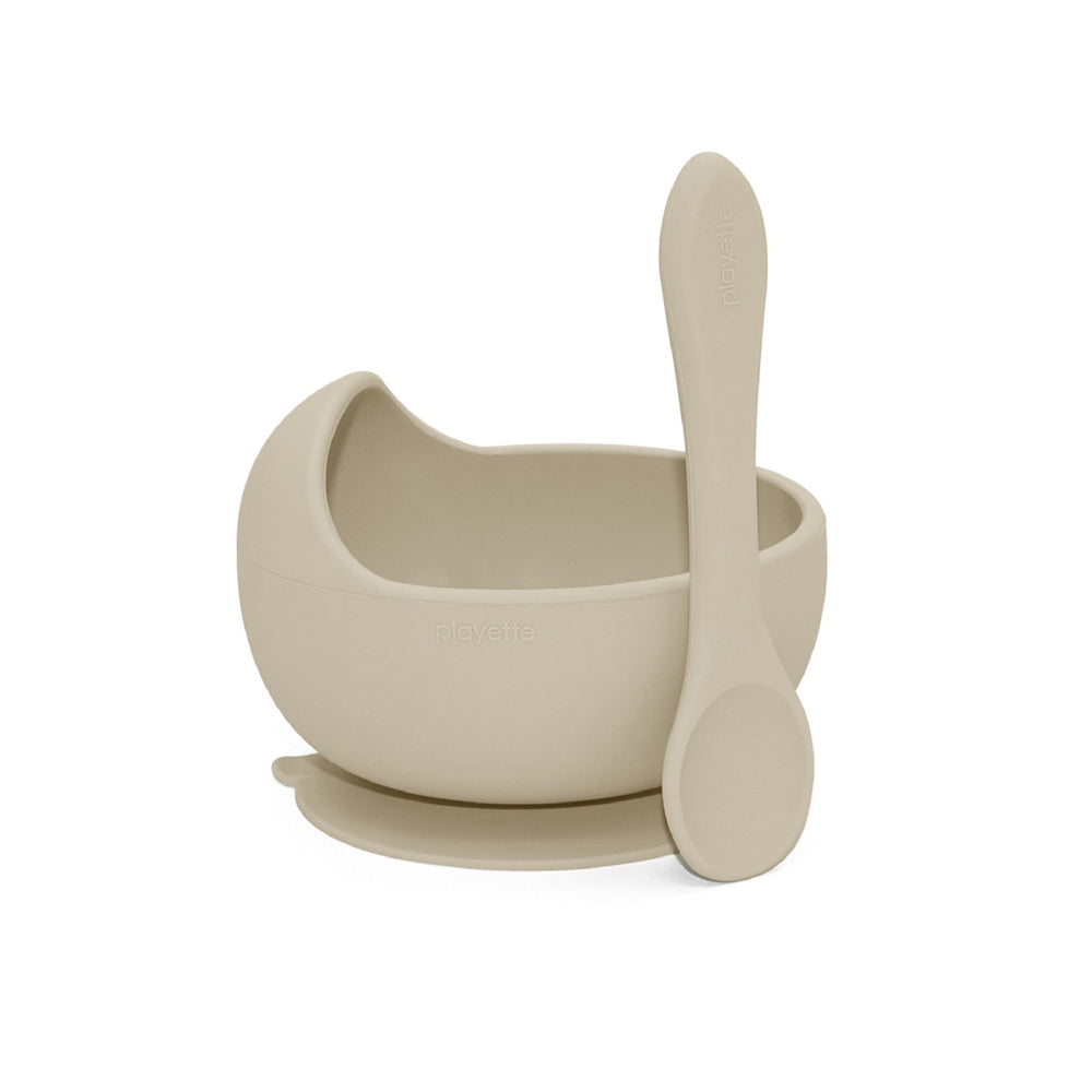 1501002-playette-silicone-bowl-and-spoon-baby-infant-utensil-set-sand-4m