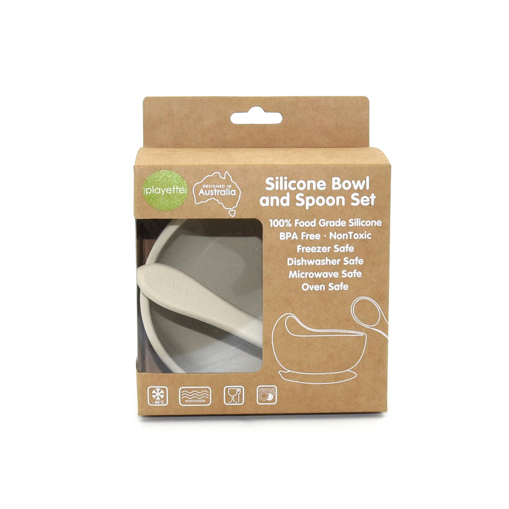 1501002-playette-silicone-bowl-and-spoon-baby-infant-utensil-set-sand-4m