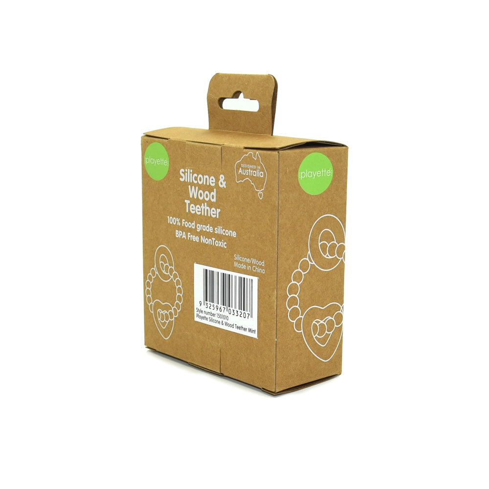 1501010-playette-silicone-and-wood-baby-infant-heart-teether-mint-4m